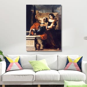 May include: A rectangular wall art print featuring a classical oil painting of a person in dark armor and a red cloak interacting with a person in a long dark dress. The scene includes a stone pedestal, a dark urn, and a dark, moody background.