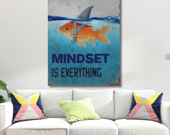 La mentalidad lo es todo. Lienzo decorativo listo para colgar con diseño de pez dorado. Decoración motivacional para la oficina. Citas motivacionales. Arte motivacional.