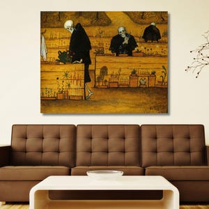 May include: A framed print of a painting depicting three skeletal figures in a garden setting. The figures are dressed in black robes, and the artwork has a muted, earthy color palette with yellow and brown tones. The painting is mounted above a brown sofa and white coffee table.