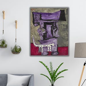 May include: Abstract painting with a purple and black geometric figure and a white spotted animal on a red background. The artwork is displayed on a white wall, with hanging glass terrariums and a floor lamp.