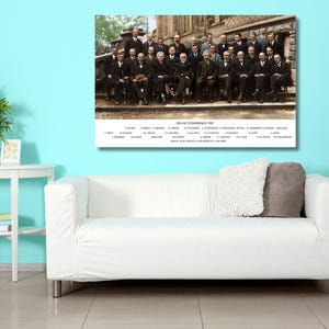 May include: A rectangular wall art print featuring the 1927 Solvay Conference group photograph. The black and white image shows a large group of scientists seated and standing in rows. Below the image, the text reads SOLVAY CONFERENCE 1927.