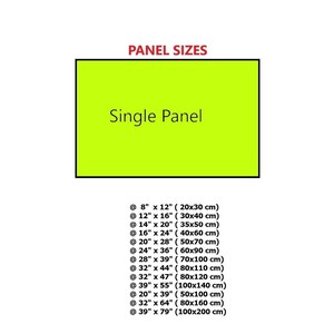 a single panel with a yellow background, and below it, there is a list of various panel sizes in centimeters.