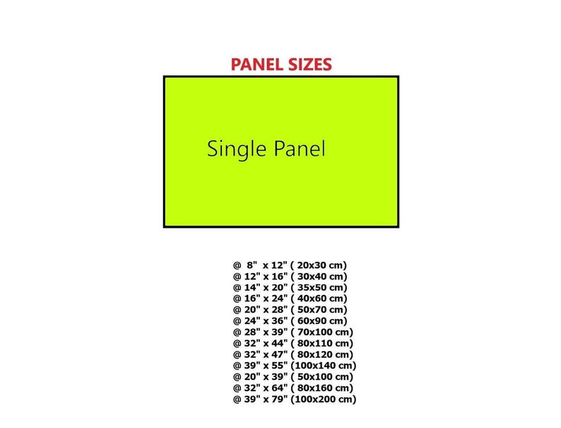 a single panel with a yellow background, and below it, there is a list of various panel sizes in centimeters.