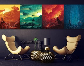Op de afbeelding: Een vierdelige wandkunstset met sciencefiction-scènes. Het eerste paneel toont een woestijnlandschap in oranje en geel. Het tweede paneel toont groene ruimteschepen. Het derde paneel toont een vurige rode scène. Het vierde paneel toont een donkerblauw bos.
