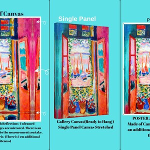The image is a collage of three images, each depicting a different perspective of a colorful painting of a room with a window. The first image shows the painting in a roll, the second image is a single panel of the painting, and the third image is a poster of the painting.