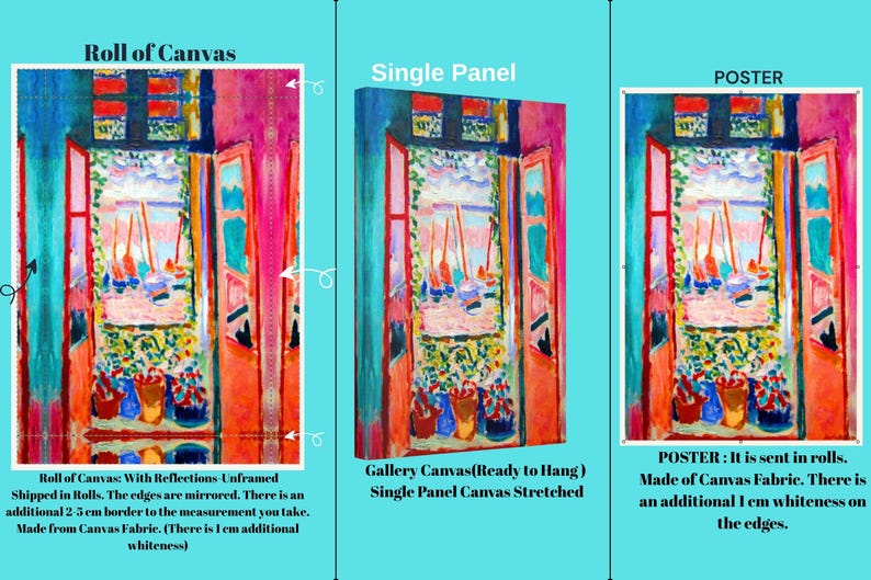 The image is a collage of three images, each depicting a different perspective of a colorful painting of a room with a window. The first image shows the painting in a roll, the second image is a single panel of the painting, and the third image is a poster of the painting.