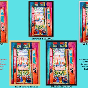 The image is a collage of five framed images, each with a different color and frame style. The images depict various scenes, including a colorful window, boats, and flowers. The frames are labeled as "Gold Framed", "Light Brown Framed", "Black Framed", "White Framed", and "Brown Framed". The text indicates that the frames are an upgraded version of a decorative floating frame, with an extra aesthetic effect.