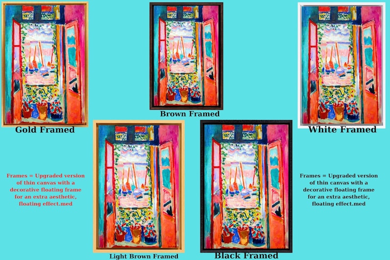 The image is a collage of five framed images, each with a different color and frame style. The images depict various scenes, including a colorful window, boats, and flowers. The frames are labeled as "Gold Framed", "Light Brown Framed", "Black Framed", "White Framed", and "Brown Framed". The text indicates that the frames are an upgraded version of a decorative floating frame, with an extra aesthetic effect.