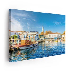 a painting of a boat docked in a harbor