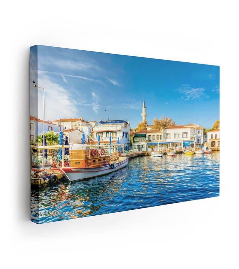 a painting of a boat docked in a harbor