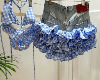 Denim levi reworked skirt  with frill + bikini to match ,waist 30/31” bikini approx a size 10