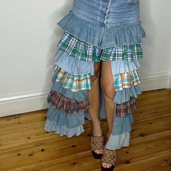 Denim Reworked Levi  skirt with  frills + bra top / levis custom made with  ruffles full length denim  skirt waist  size 31.5”