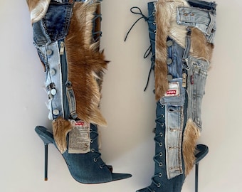 Neu aufgearbeitete Denim Patchwork Stiefel