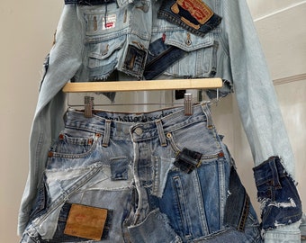 Denim skirt and jacket custom  made to your measurements Reworked denim patchwork with chains added !