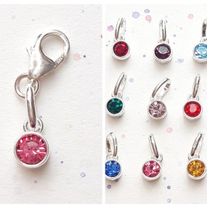 May include: A silver charm featuring a small, round, pink crystal. The charm has a lobster clasp and is designed to be attached to a bracelet or necklace. The image also shows a variety of other charms with different coloured crystals.