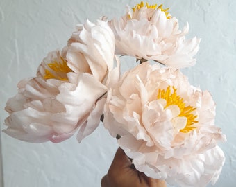 May include: A bouquet of three pale pink peonies with yellow centers. The flowers are arranged in a hand.