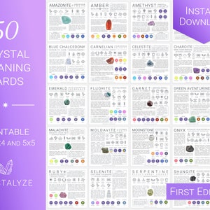 50 Tarjetas de significado de cristal - 1ª edición / Guías de información imprimibles con chakra y zodíaco, propiedades curativas de piedras preciosas, baraja de piedras digitales
