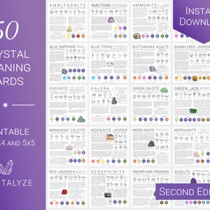 50 Kristall Bedeutungskarten - 2nd Edition | Druckbare Informationsleitfäden mit Chakra & Sternzeichen, Edelsteinheilungseigenschaften, digitales Steindeck