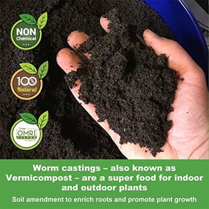 May include: A hand holding a pile of dark brown vermicompost, a natural soil amendment. The text on the labels reads "NON Chemical", "100% Natural", and "OMRI LISTED".  The text below the image reads "Worm castings - also known as Vermicompost - are a super food for indoor and outdoor plants. Soil amendment to enrich roots and promote plant growth."