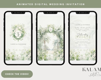 Faire-part d'animation numérique de mariage en plein air vert et blanc avec palmiers bilingue arabe anglais (mariage, fiançailles, Kitb al Ktab, Nikkah)