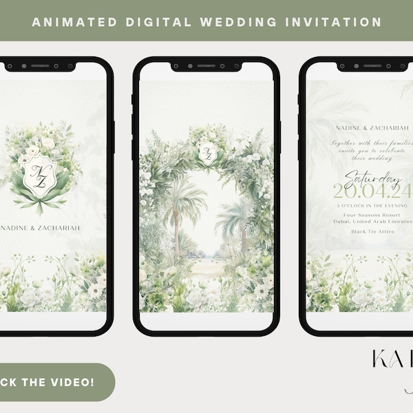 Green and White Outdoor Wedding Palm Tree Digital Animation Invitation Bilingual Arabic English (Wedding, Engagement, Kitb al Ktab, Nikkah)