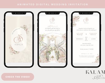 Floral Pink Animation Invitation Bilingual Arabic English (Wedding, Engagement, Kitb al Ktab, Nikkah)