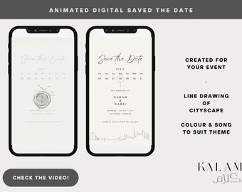 Save the Date Line Drawing Cityscape Animation Invitation Bilingual Arabic English (Wedding, Engagement, Kitb al Ktab, Nikkah)