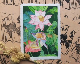 Original Aquarell Fisch und Lotus Gemälde auf handgeschöpftem Khadi Papier