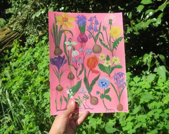 Original Floral Gouache Painting of Spring Flowers in Pink Acrylic Background