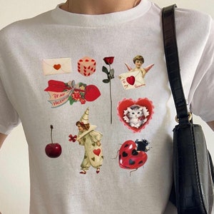 Camiseta vintage dos anos 90 para bebês, top curto estético do Pinterest, estampa de colagem retrô com anjo, carta de amor de gatinho, camisa coquete Y2K de algodão macio