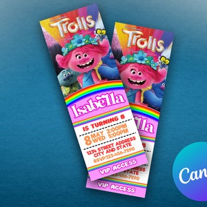Trolls Band Together Einladung Trolls Band Together Geburtstagseinladung Trolle Movie Ticket Invite Movie Pass Girl Party Digital EDITABLE
