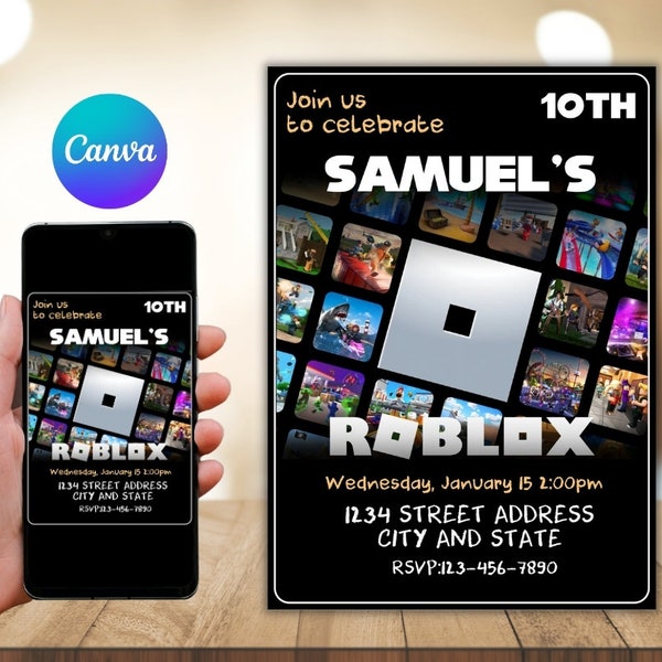 Roblox Invitation, Roblox Invite, Game Party, Roblox Boys Birthday Invitation Template, Game Birthday, Kids Roblox, Editable Template, Canva