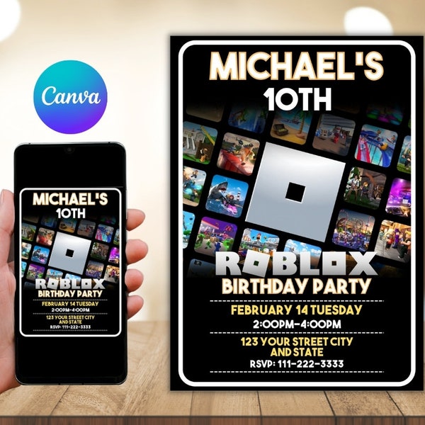 Roblox Invitation, Roblox Invite, Game Party, Roblox Boys Birthday Invitation Template, Game Birthday, Kids Roblox, Editable Template, Canva