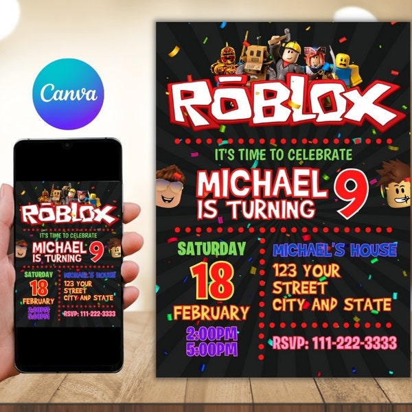 Roblox Invitation, Roblox Invite, Game Party, Roblox Boys Birthday Invitation Template, Game Birthday, Kids Roblox, Editable Template, Canva