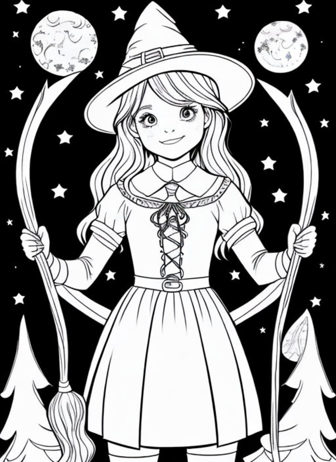 Cute Young Witch Coloring Pages for Adults, Printable Young Witch, 25 ...