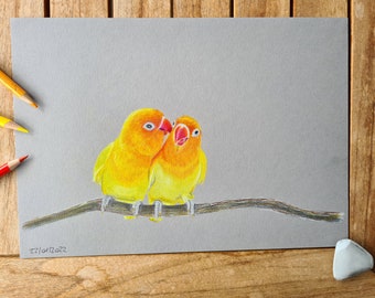 Original colored pencil drawing of lovebirds