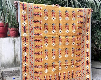 Mustard Yellow Tribal Kilim Rug, Handwoven Geometric Wool Southwestern Carpet