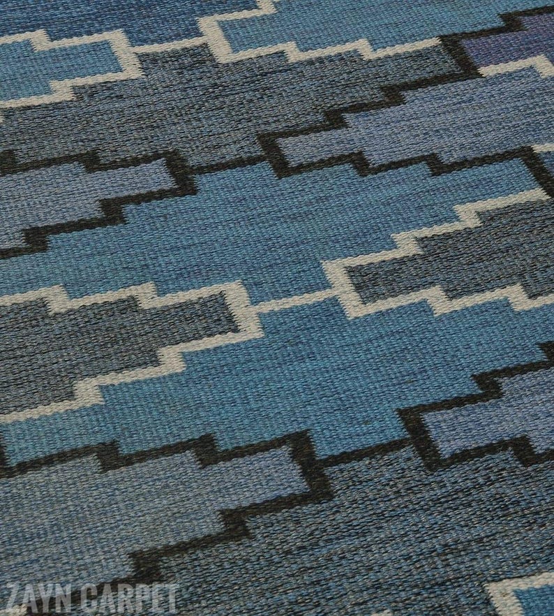 Handwoven Wool Rug | Dark Blue Minimalist Style, Scandinavian Vintage ...