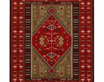 Red Olive Green Tribal Diamond Medallion Area Rug | Handwoven Flat Weave Wool Rug |  Caucasian Kilim Rug