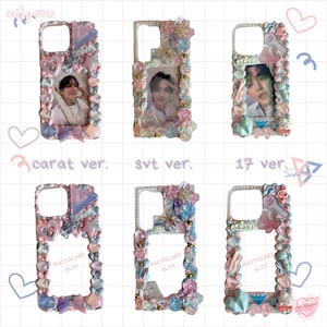 Op de afbeelding: Zes decoratieve telefoonhoesjes met pastelkleurige harsversieringen, waaronder hartjes, sterren, bloemen en strikjes. Drie hoesjes bevatten portretfoto's van personen, terwijl de andere drie een doorzichtige fotokaartsleuf tonen.