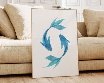 Koi Fish Color Art, Wall Art Koi Fish, Grande dipinto, Download digitale istantaneo stampabile, Stampa artistica giapponese ad acquerello blu turchese, Zen