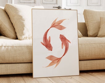 Koi Fish Color Art, Wall Art Koi Fish, Grande dipinto, Download digitale istantaneo stampabile, Rosso arancione, Giapponese, Stampa artistica ad acquerello, Zen