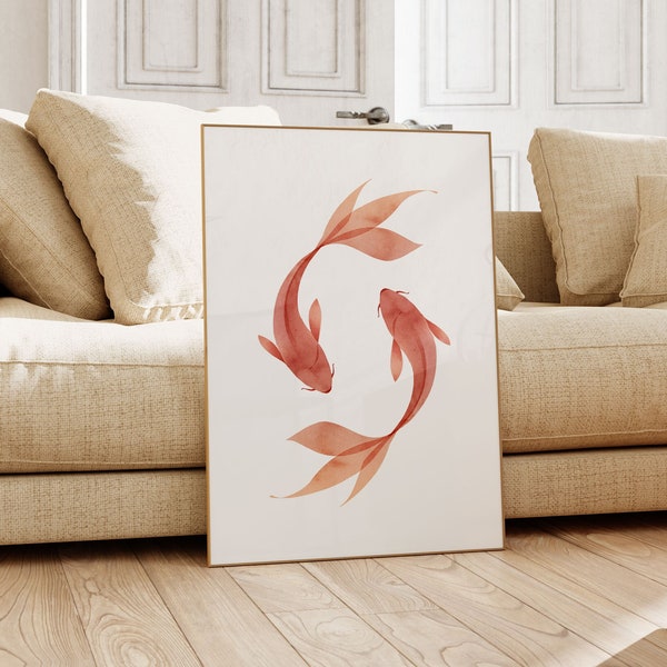 Koi Fish Color Art, Wall Art Koi Fish, Large Painting, Instant Digital Download Printable, Red Orange, Japanese, Watercolor Art Print, Zen