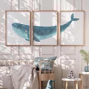 3 Stück Wal Kinderzimmer Wand Kunst 3er Set, Kinder Ozean Dekor Babyzimmer, Blau Küsten Poster, Wale Drucke Nautische Wohnkultur Digitaler Download