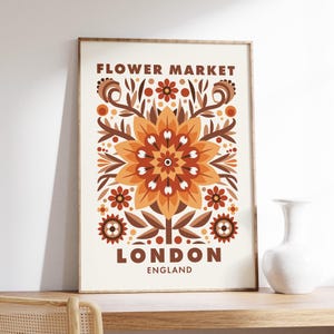 London Flower Market Print, Fall Flower Market Wall Art, Folk Illustration, Daisy Illustration, England London Vintage Poster Autumn Decor