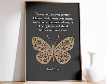 Choose Courage Over Comfort Wall Art, Brene Brown Quote Print, Therapy Office Decor, Mental Health Poster, Psychology, Beige and Black Art