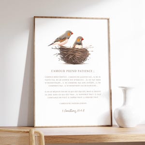 1 Corinthiens 13:4-8 en Français, Affiche chrétienne, Citation biblique, Verset Amour, Déco chrétienne, Oiseaux Aquarelle Art Mural Mariage