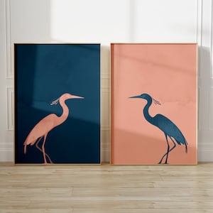Egret Silhouette, Blue Heron Wall Art, Nautical Art Print, Water Birds, Modern Beach House, Lakehouse Art, Coastal Minimalist Printable Art