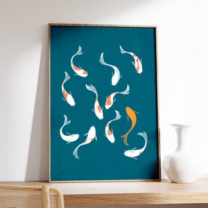 Koi Fish Color Art, Wall Art Koi Fish, Large Painting, Instant Digital Download, Printable, Blue Japanese Art Style, Orange Art Print, Zen