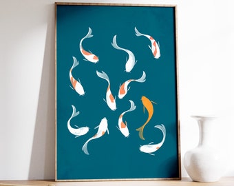 Koi Fish Color Art, Wall Art Koi Fish, Large Painting, Instant Digital Download, Printable, Blue Japanese Art Style, Orange Art Print, Zen